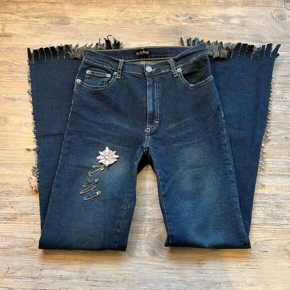 Y2K Unique Jeans Bebe Medium Patchwork Safety Pin Charm 2000s 1 of 1 Handmade - Picture 3 of 12